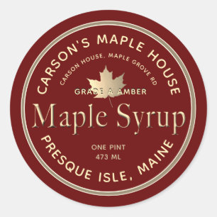 Red Maple Syrup Label with Gold Border and Leaf