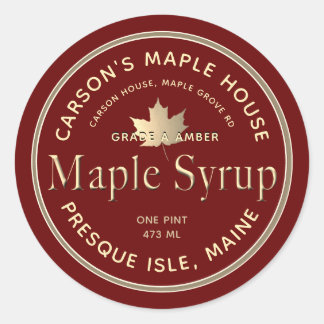 Red Maple Syrup Label with Gold Border and Leaf