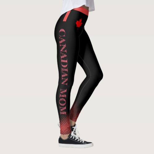 Red Maple with Canadian MOM in Pink Text on BLACK Leggings