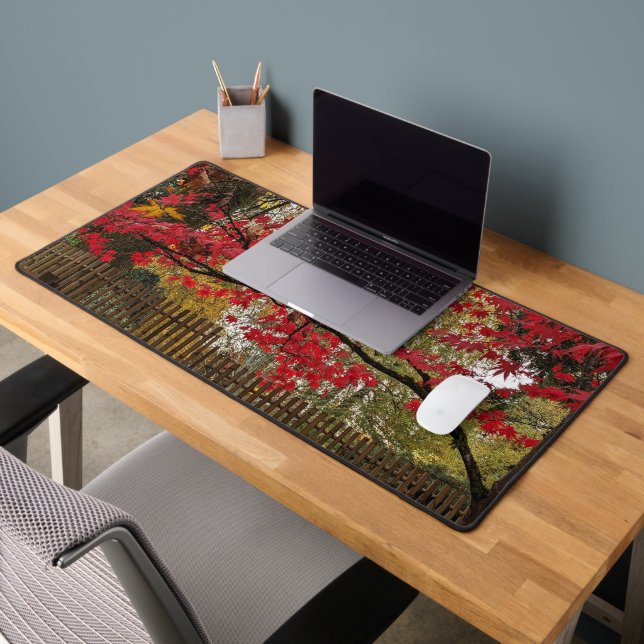 Red Maples Leaves and Bamboo Fence Photo Desk Mat (Office 2)