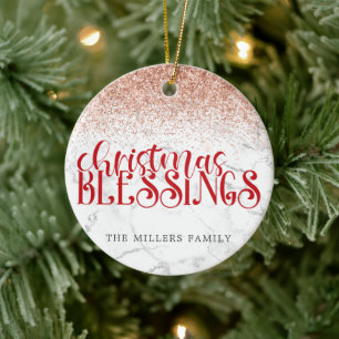 Red Marble Christmas Blessings Glitter Personalize Ceramic Ornament