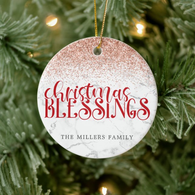 Red Marble Christmas Blessings Glitter Personalize Ceramic Ornament (Tree)