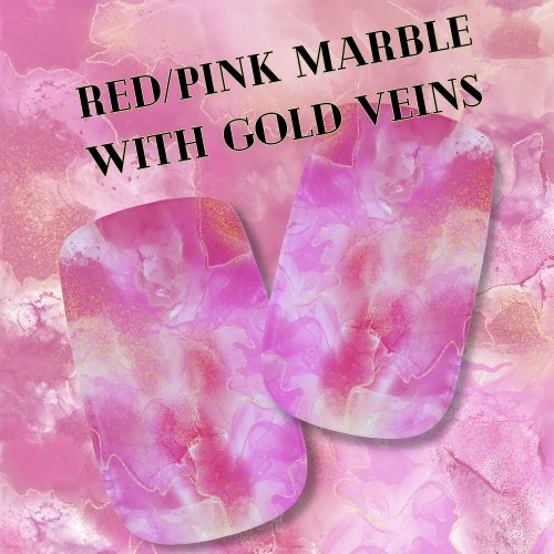 Red marble floating ink gold veins details minx nail art