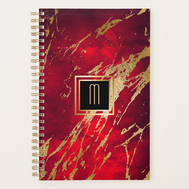Red Marble Gilded Gold Monogram Planner (Front)