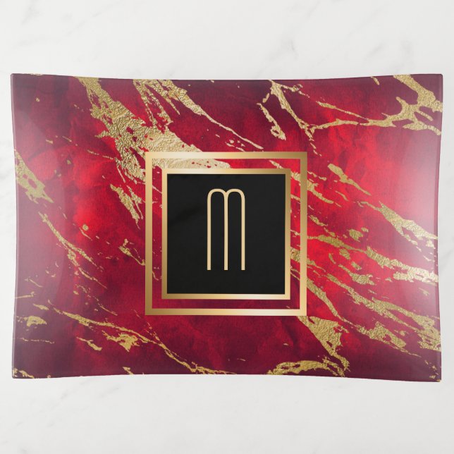 Red Marble Gilded Gold Monogram Trinket Tray (Front)