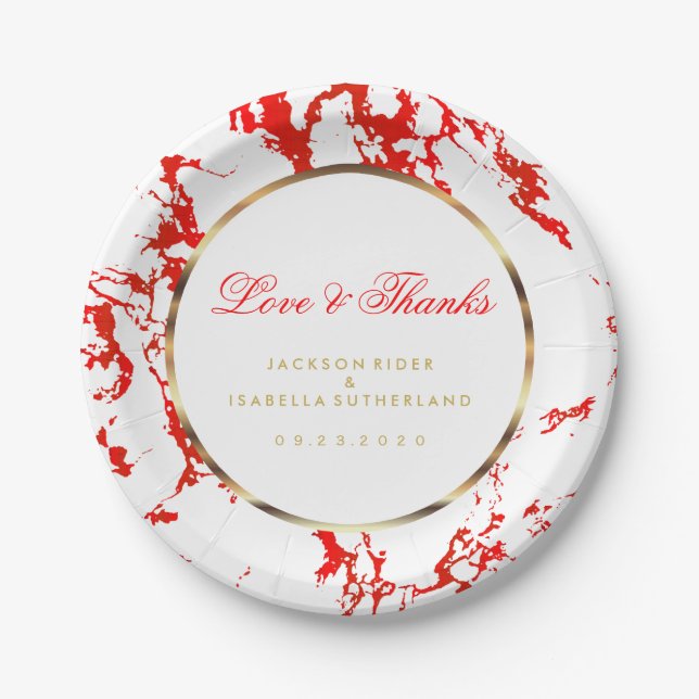 Red Marble, Gold and White Paper Plates (Front)