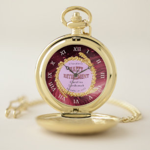 Red Marble & Gold Circle Glitter Happy Retirement Pocket Watch