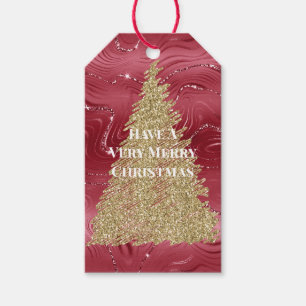 Red Marble Gold Glitter Christmas Tree Gift Tags
