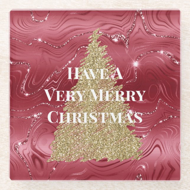 Red Marble Gold Glitter Christmas Tree Glass Coaster (Front)