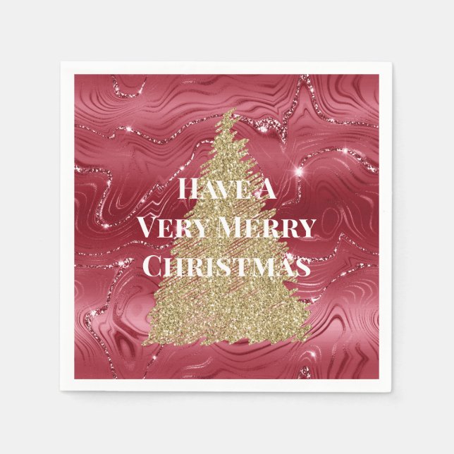 Red Marble Gold Glitter Christmas Tree Napkins (Front)