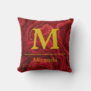 Red Marble gold Monogram and Name personalized Throw Pillow