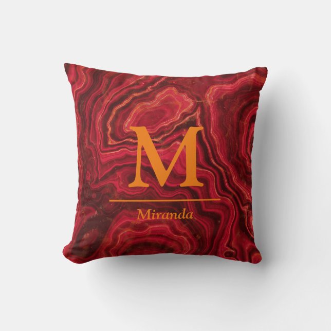 Red Marble orange Monogram and Name personalized Throw Pillow (Front)