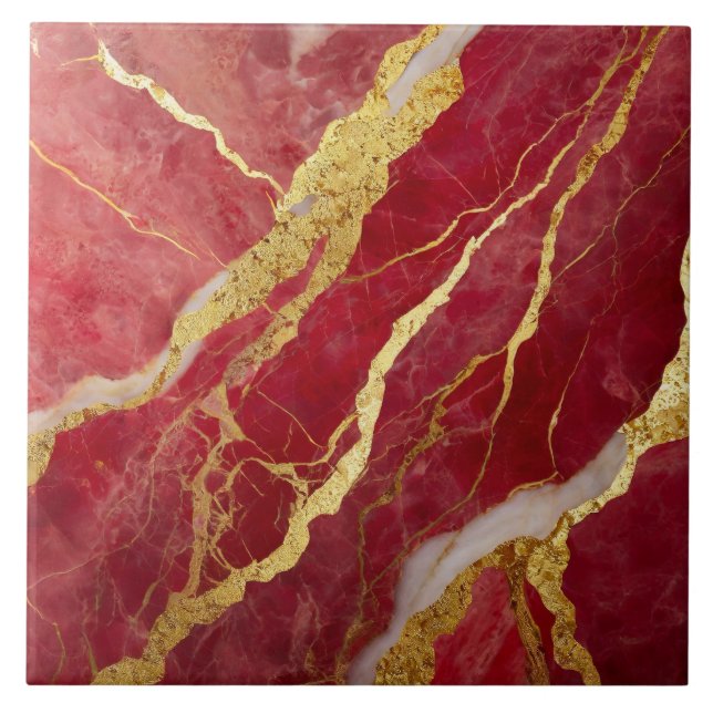 Red Marble Pattern with Gold Ceramic Tile (Front)