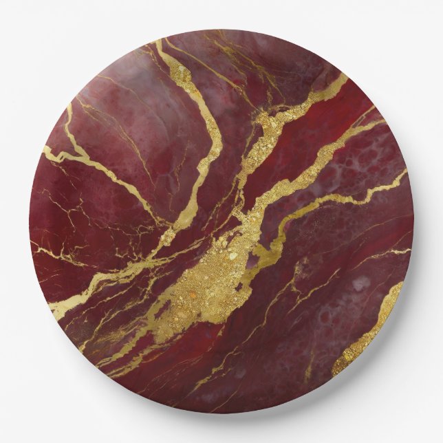 Red Marble Pattern with Gold Paper Plates (Front)
