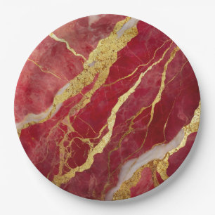 Red Marble Pattern with Gold Paper Plates