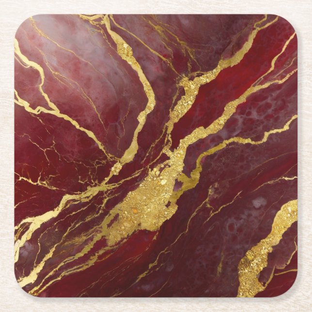 Red Marble Pattern with Gold Square Paper Coaster (Front)