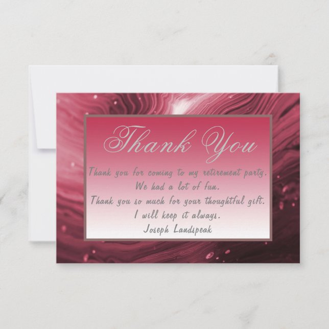 Red Marble & Silver Colors Retirement Thank You Note Card (Front)