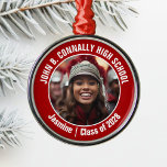 Red Marching Band Photo High School Christmas Metal Ornament<br><div class="desc">This cool customized high school marching band photo features white typography of your team and player name on a red Christmas ornament gift. Personalize with your student's photograph and class year as a proud parent.</div>