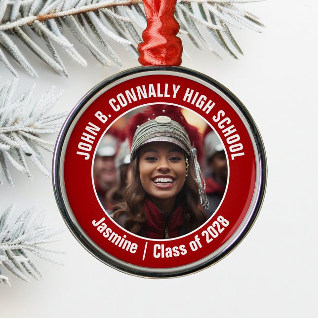 Red Marching Band Photo High School Christmas Metal Ornament (Creator Uploaded)