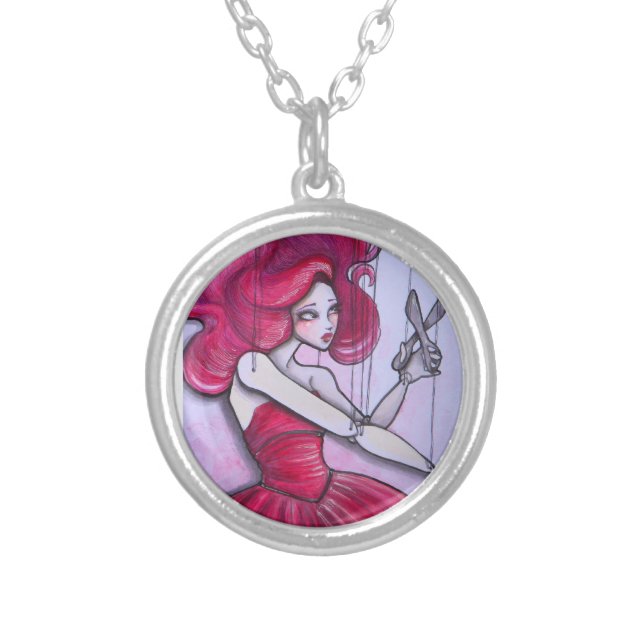 Red Marionette with Scissors Silver Plated Necklace (Front)