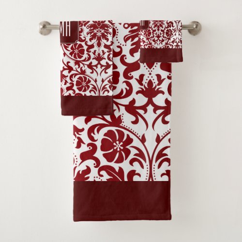 Red Maroon and White Damask Pattern Bath Towel Set