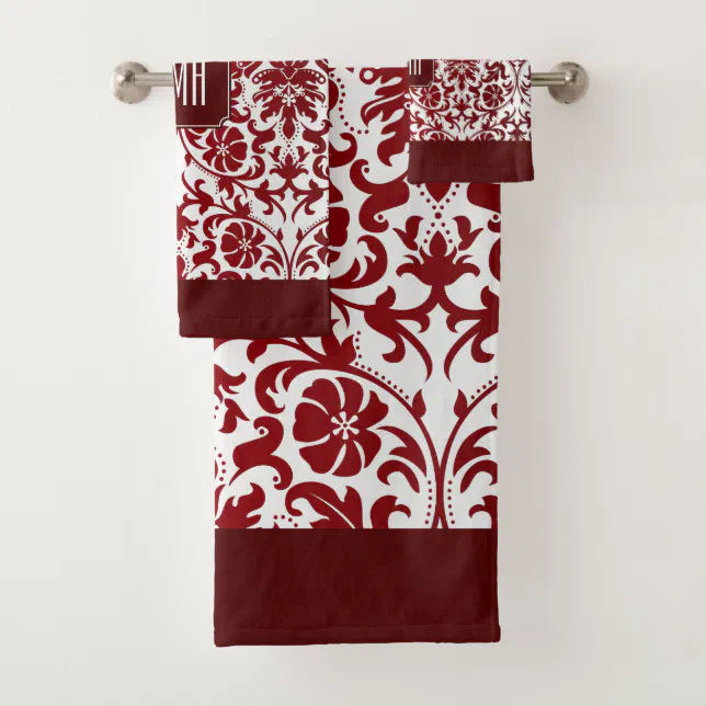 Red Maroon and White Damask Pattern Bath Towel Set | Zazzle