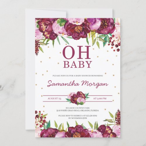 Red maroon blush pink floral girl oh baby shower invitation