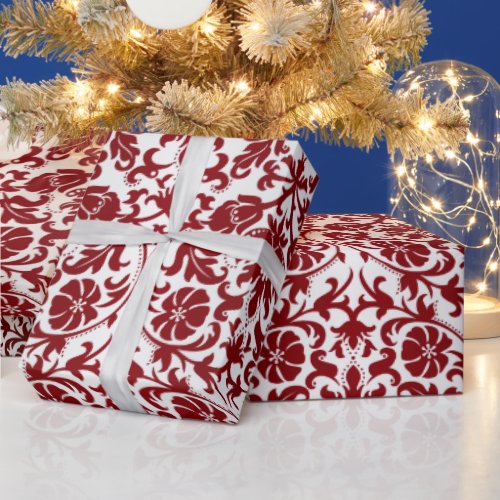 Red Maroon Damask Design Wrapping Paper