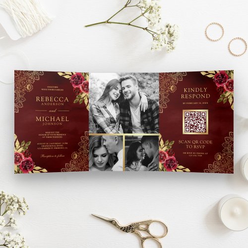 Red Maroon Floral Gold Lace QR Code Wedding Tri_Fold Invitation