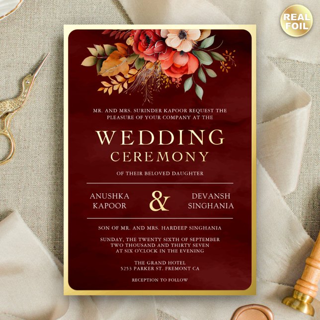 Red Maroon Floral Photo Indian Wedding Gold Foil Invitation (Creator Uploaded)