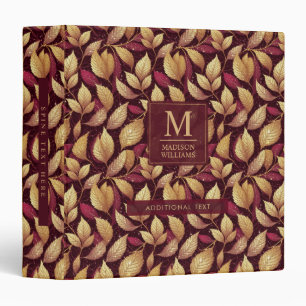 Red Maroon Gold Glitter Autumn Leaves Pattern 3 Ring Binder