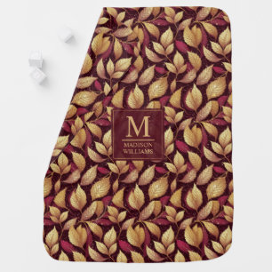 Red Maroon Gold Glitter Autumn Leaves Pattern Baby Blanket