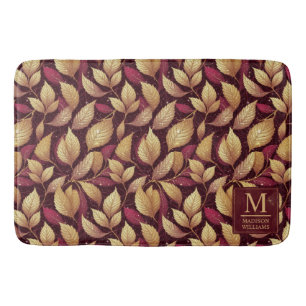 Red Maroon Gold Glitter Autumn Leaves Pattern Bath Mat