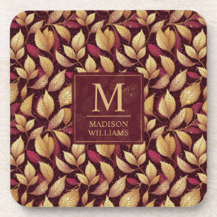 Red Maroon Gold Glitter Autumn Leaves Pattern Beverage Coaster