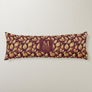 Red Maroon Gold Glitter Autumn Leaves Pattern Body Pillow
