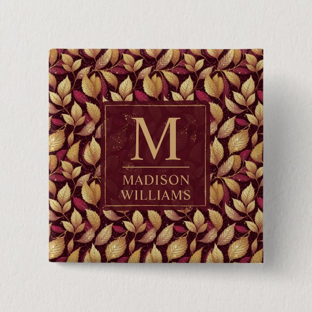 Red Maroon Gold Glitter Autumn Leaves Pattern Button (Front)