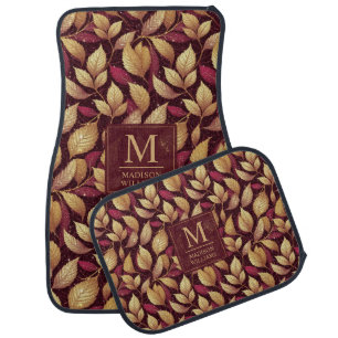 Red Maroon Gold Glitter Autumn Leaves Pattern Car Floor Mat
