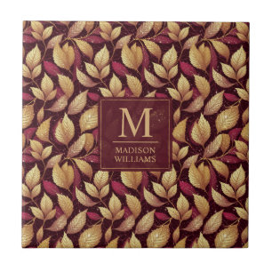 Red Maroon Gold Glitter Autumn Leaves Pattern Ceramic Tile
