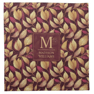 Red Maroon Gold Glitter Autumn Leaves Pattern Cloth Napkin