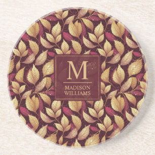 Red Maroon Gold Glitter Autumn Leaves Pattern Coaster