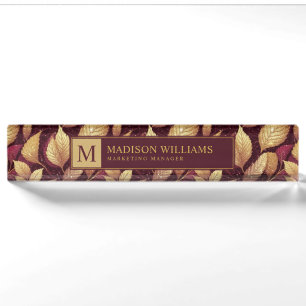 Red Maroon Gold Glitter Autumn Leaves Pattern Desk Name Plate