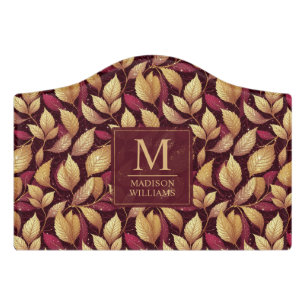Red Maroon Gold Glitter Autumn Leaves Pattern Door Sign
