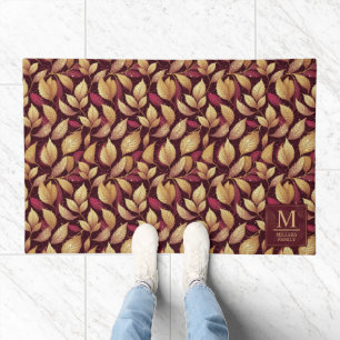 Red Maroon Gold Glitter Autumn Leaves Pattern Doormat