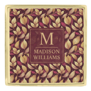 Red Maroon Gold Glitter Autumn Leaves Pattern Finish Lapel Pin