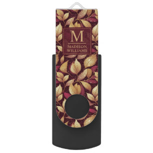 Red Maroon Gold Glitter Autumn Leaves Pattern Flash Drive