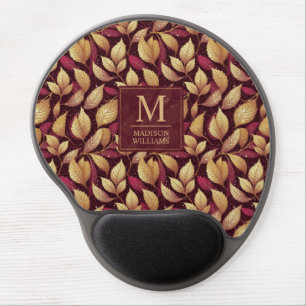 Red Maroon Gold Glitter Autumn Leaves Pattern Gel Mouse Pad