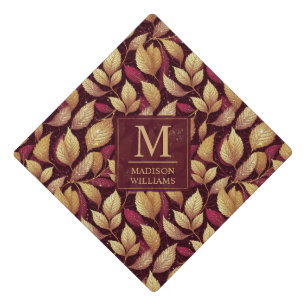 Red Maroon Gold Glitter Autumn Leaves Pattern Graduation Cap Topper