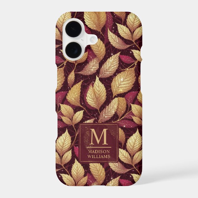 Red Maroon Gold Glitter Autumn Leaves Pattern iPhone Case (Back)
