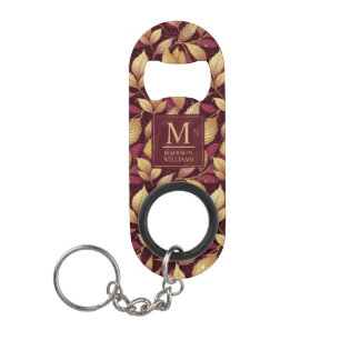 Red Maroon Gold Glitter Autumn Leaves Pattern Keychain Bottle Opener