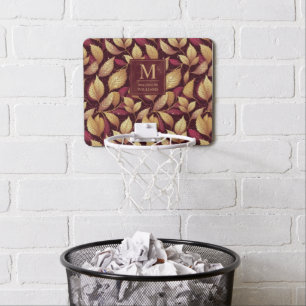 Red Maroon Gold Glitter Autumn Leaves Pattern Mini Basketball Hoop
